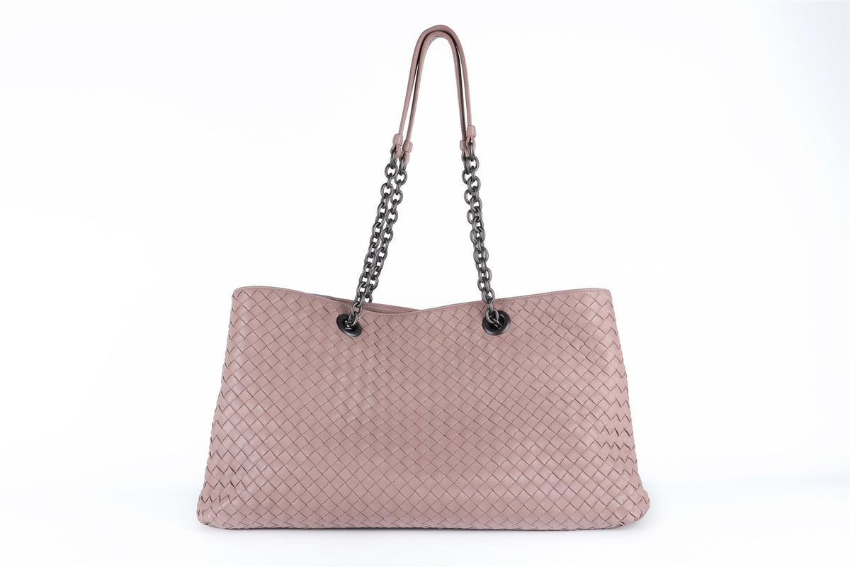 BOTTEGA VENETA PINK DOUBLE CHAIN MEDIUM INTRECCIATO LEATHER TOTE BAG