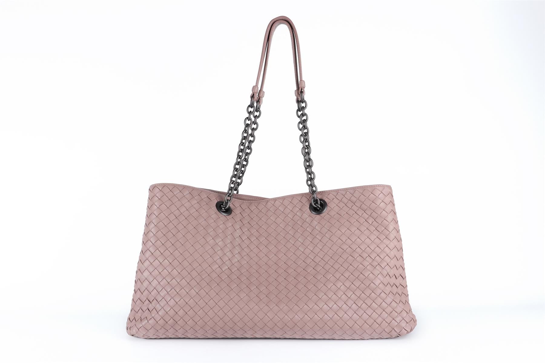 BOTTEGA VENETA PINK DOUBLE CHAIN MEDIUM INTRECCIATO LEATHER TOTE BAG