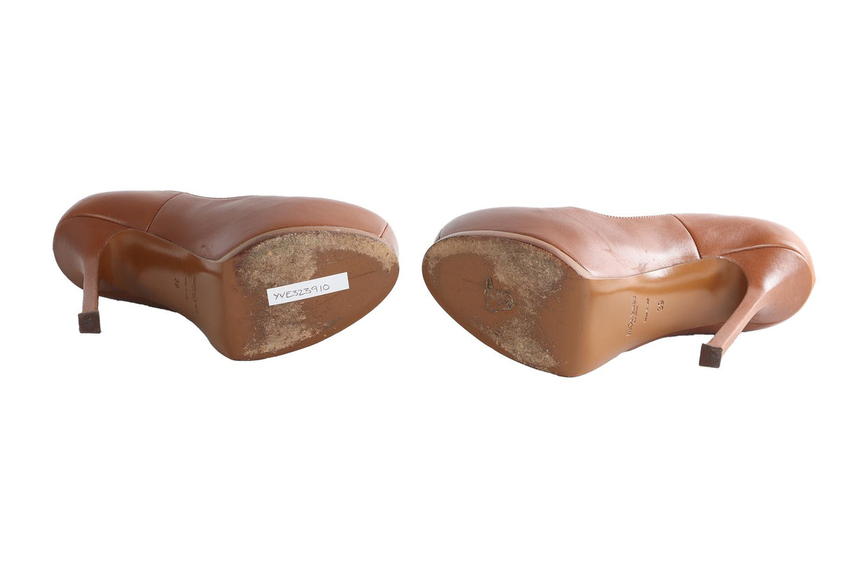 YVES SAINT LAURENT BROWN LEATHER PLATFORM PUMPS EU 39 UK 6 US 9