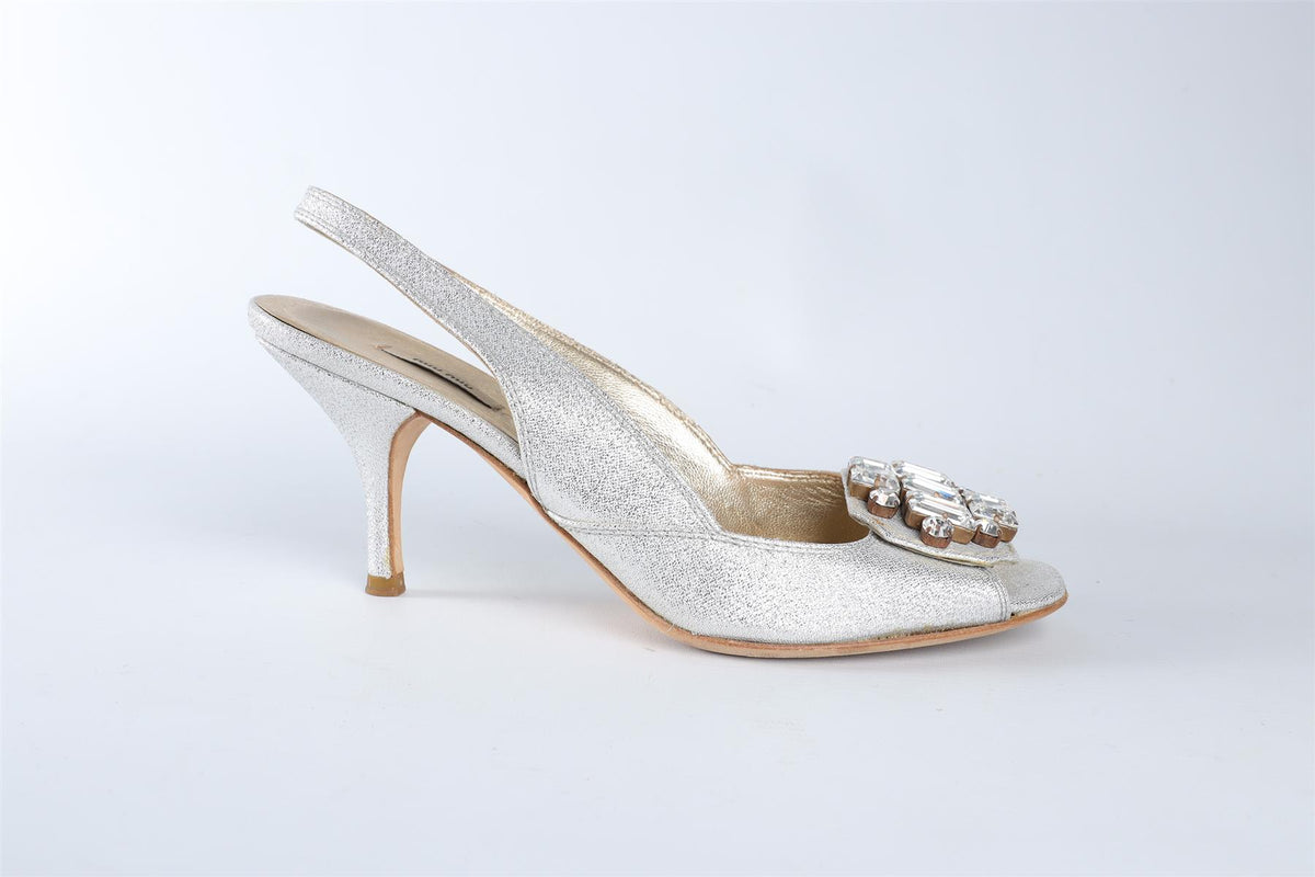 MIU MIU SILVER CRYSTAL AND LEATHER SLINGBACK SANDALS EU 36.5 UK 3.5 US 6.5