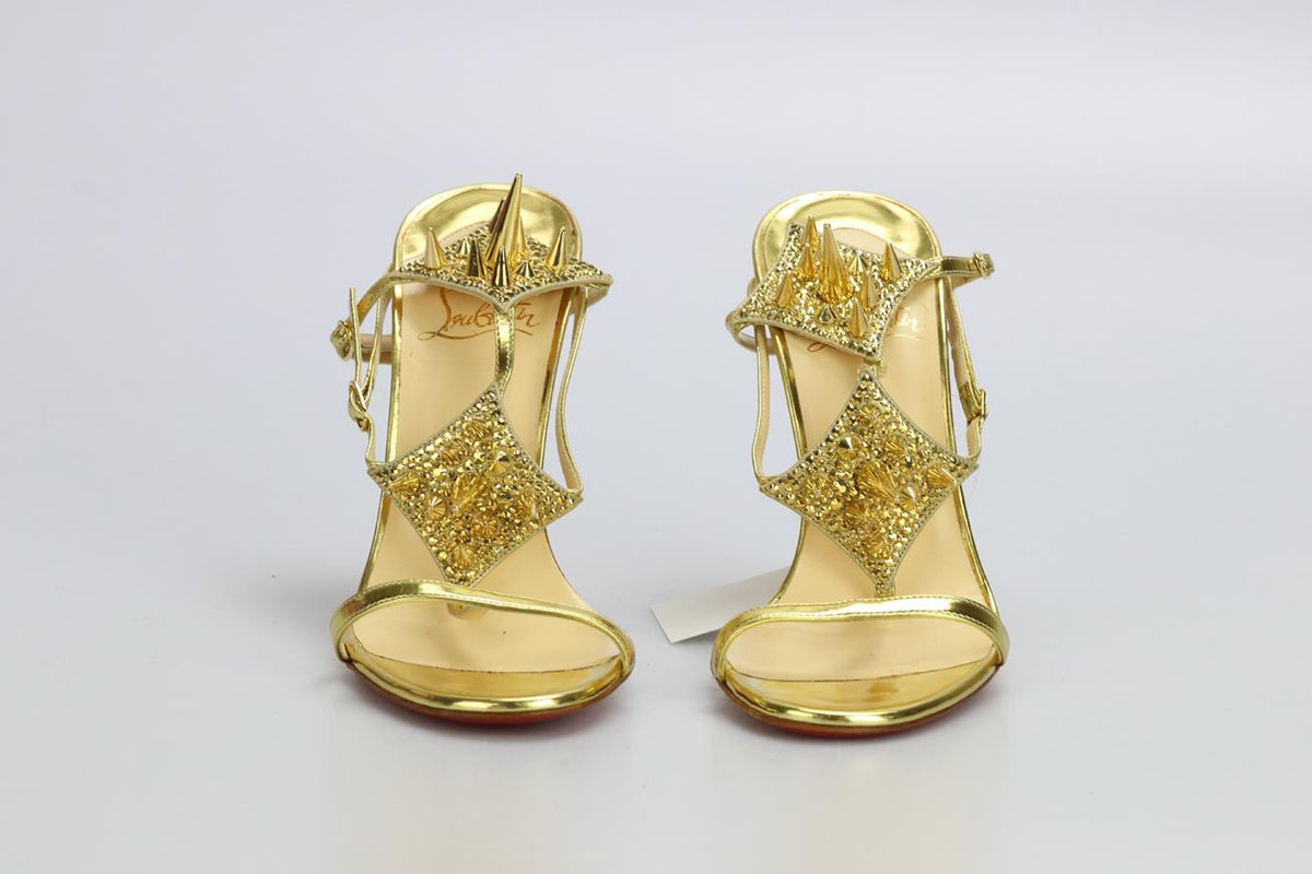 SPIKED CRYTSAL EMBELLISHED LEATHER SANDALS