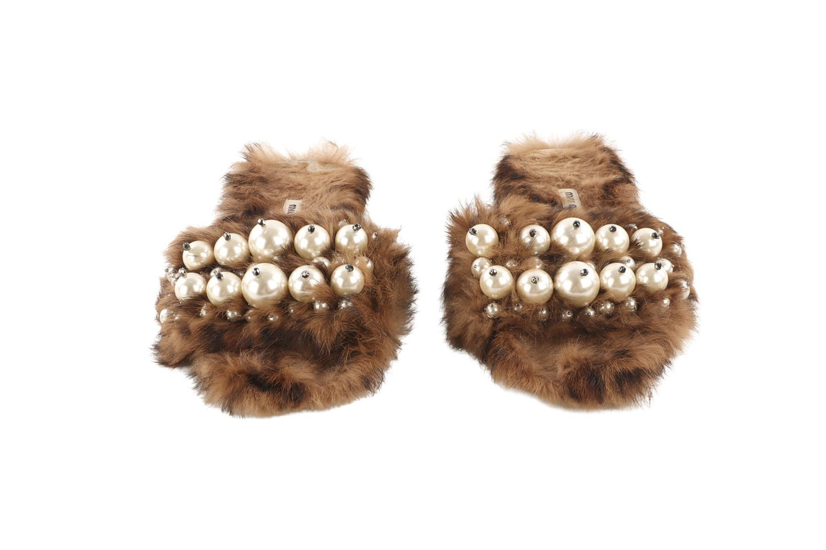 MIU MIU BROWN FAUX FUR SLIDES EU 37 UK 4 US 7