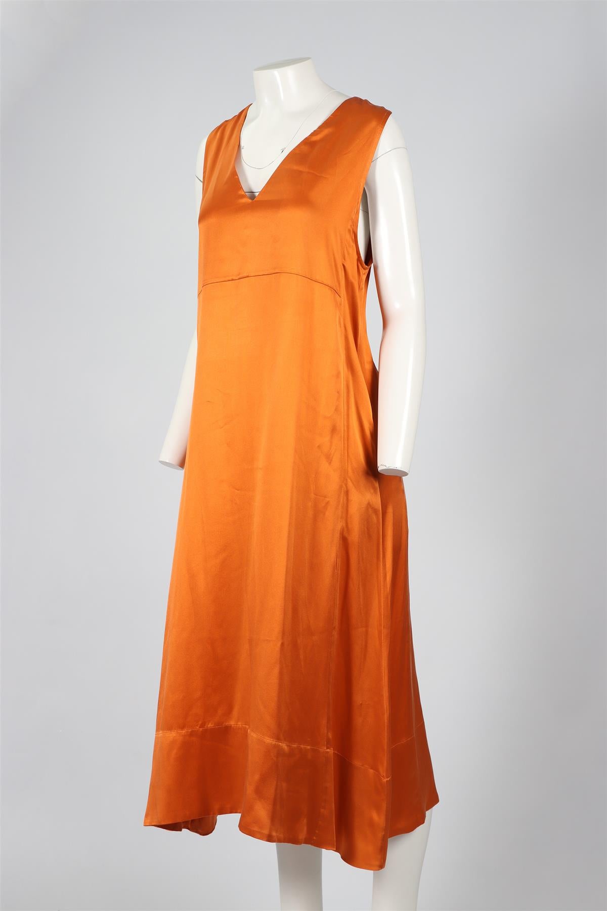 ASCENO ORANGE SILK MIDI DRESS MEDIUM