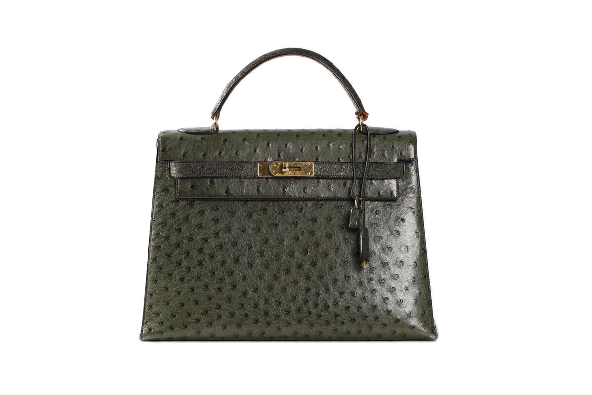 HERMÈS GREEN 1981 KELLY 32CM OSTRICH BAG IN VERT OLIVE
