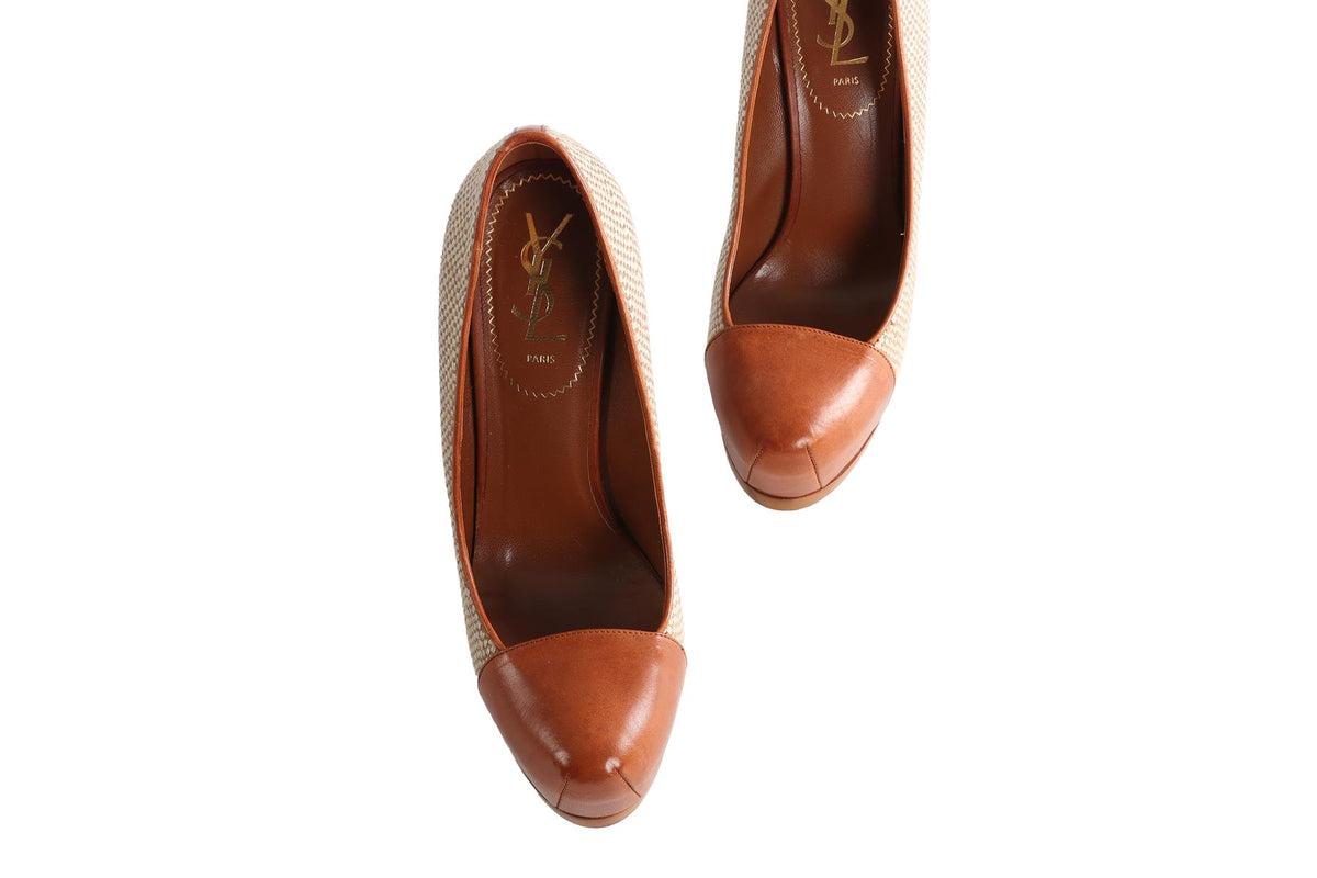 YVES SAINT LAURENT TAN CANVAS PLATFORM PUMPS EU 38.5 UK 5.5 US 8.5