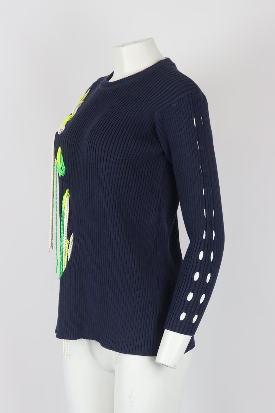 TANYA TAYLOR BEAD EMBELLISHED RIBBED COTTON BLEND SWEATER SMALL