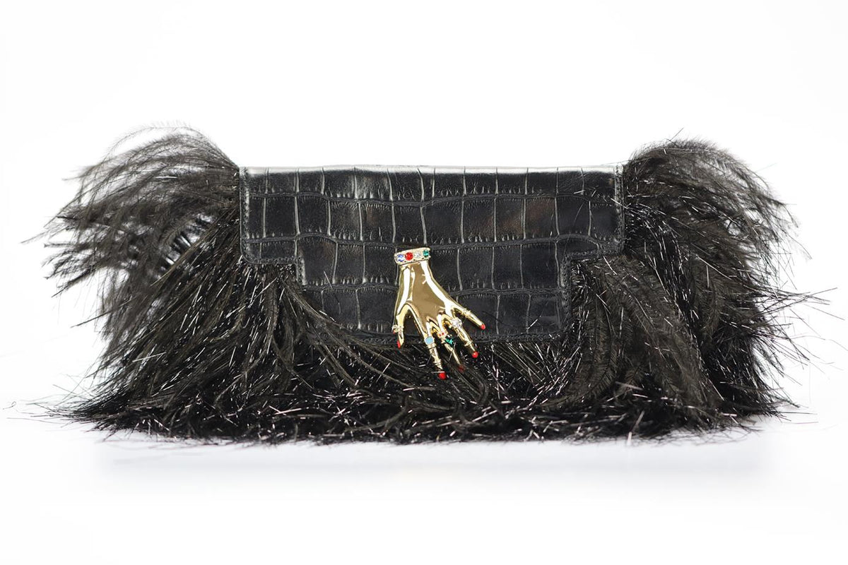 SONIA RYKIEL FEATHER TRIMMED CROC EFFECT LEATHER CLUTCH