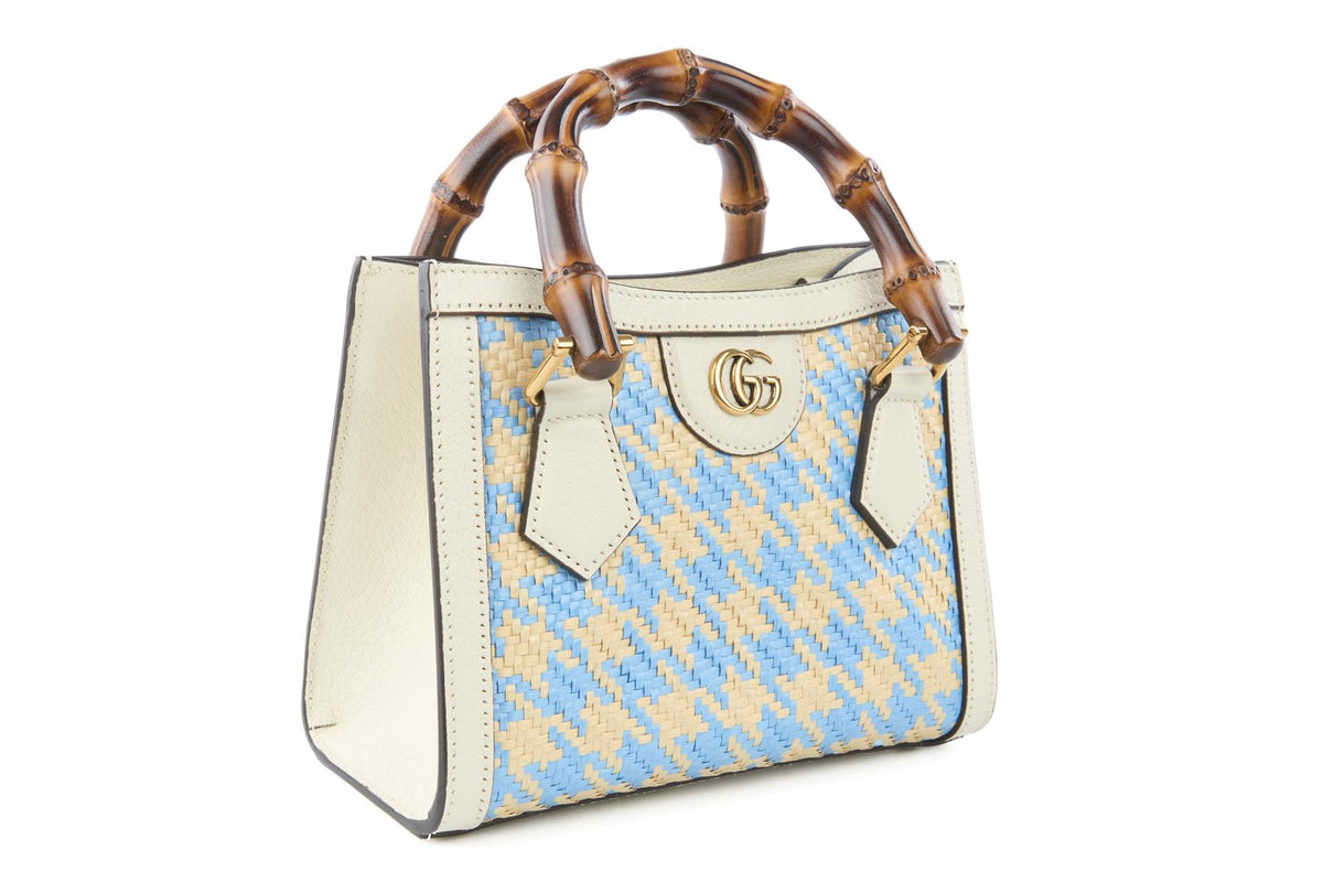GUCCI BLUE DIANA MINI RAFFIA TOTE BAG
