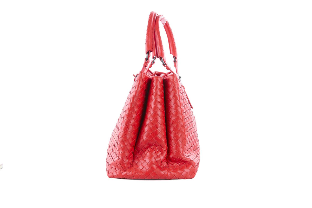 BOTTEGA VENETA RED ROMA LARGE INTRECCIATO LEATHER TOTE BAG