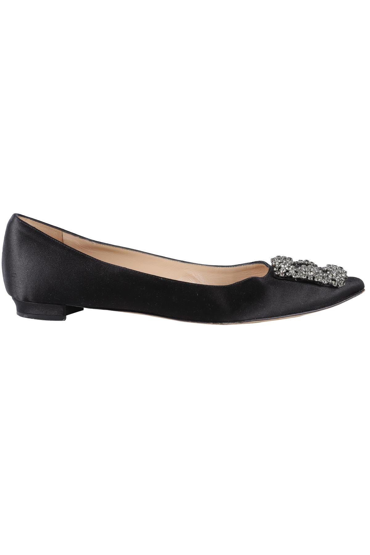 MANOLO BLAHNIK BLACK HANGISI CRYSTAL AND SATIN BALLET FLATS