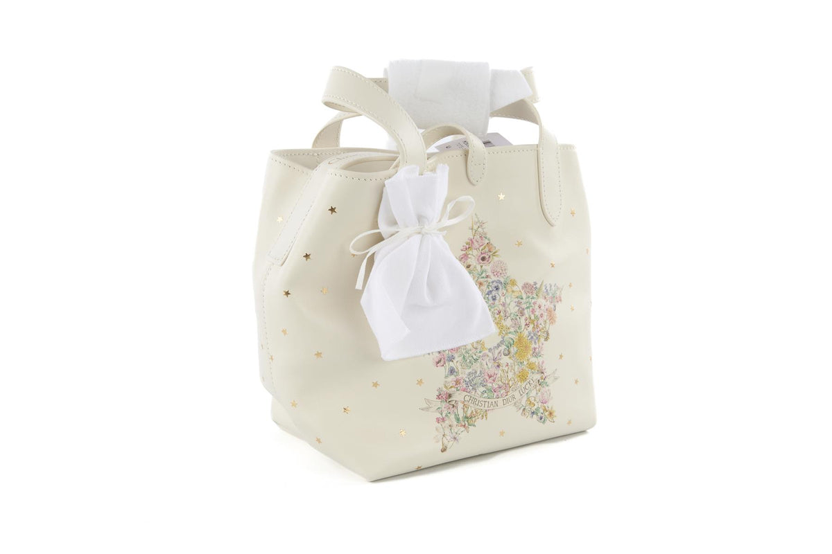 CHRISTIAN DIOR WHITE DIOR LUCKY SMALL TOUJOURS VERTICAL LEATHER TOTE BAG