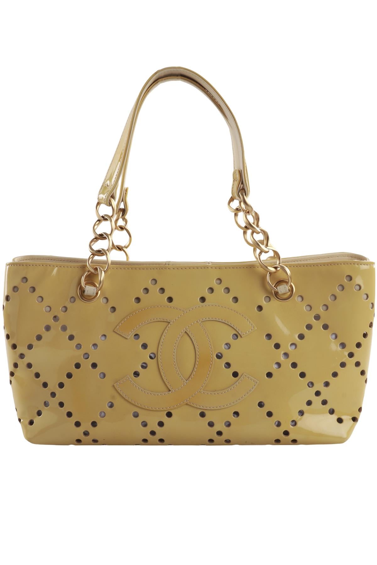 CHANEL YELLOW 2003-2004 CC PATENT LEATHER TOTE BAG