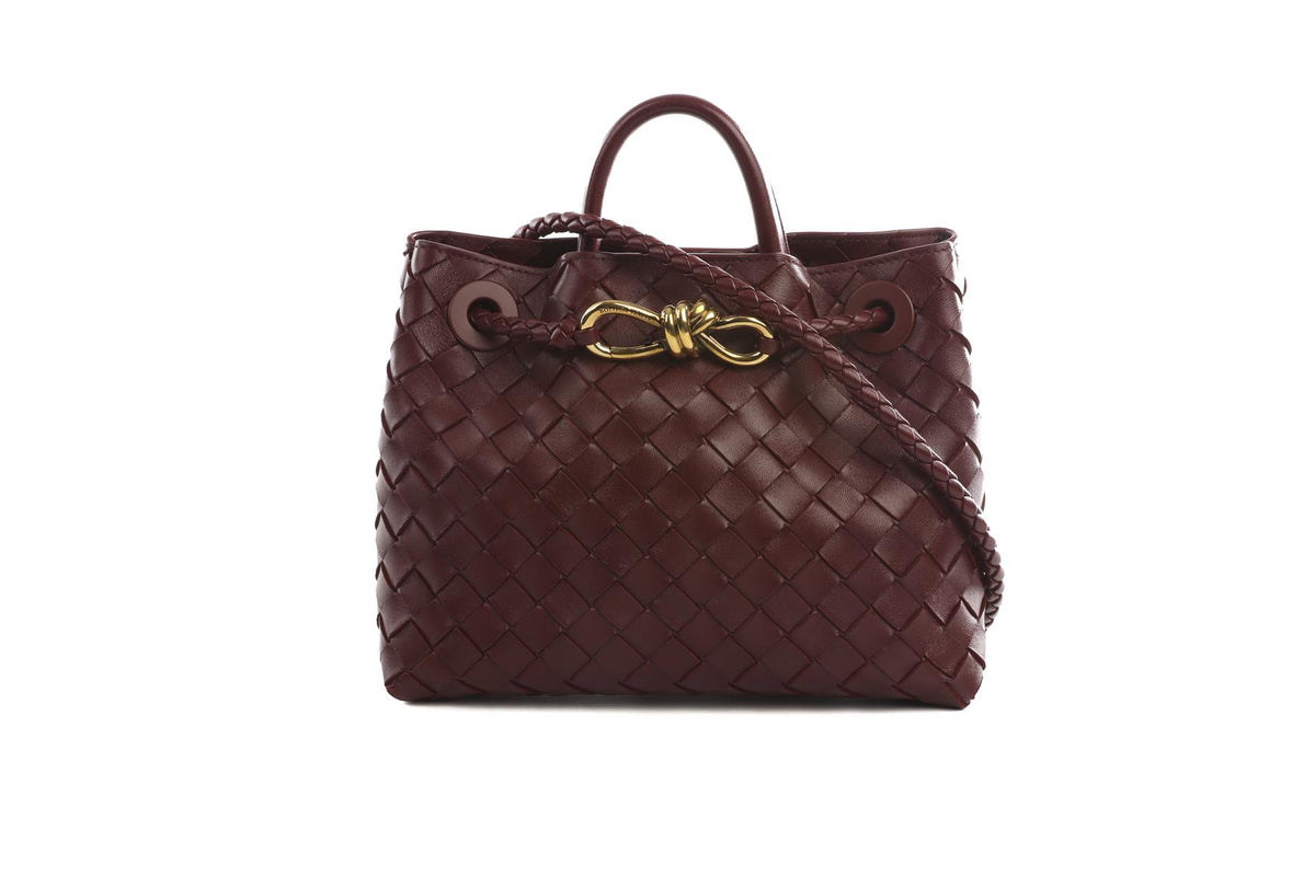 BOTTEGA VENETA BURGUNDY ANDIAMO SMALL INTRECCIATO LEATHER TOTE BAG