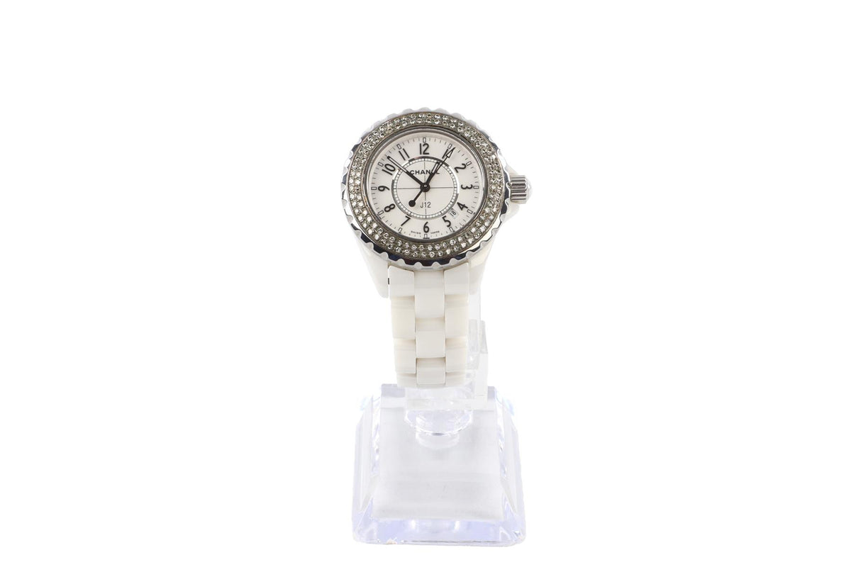 CHANEL WHITE J12 33 MM DIAMOND AND CERAMIC WRIST WATCH