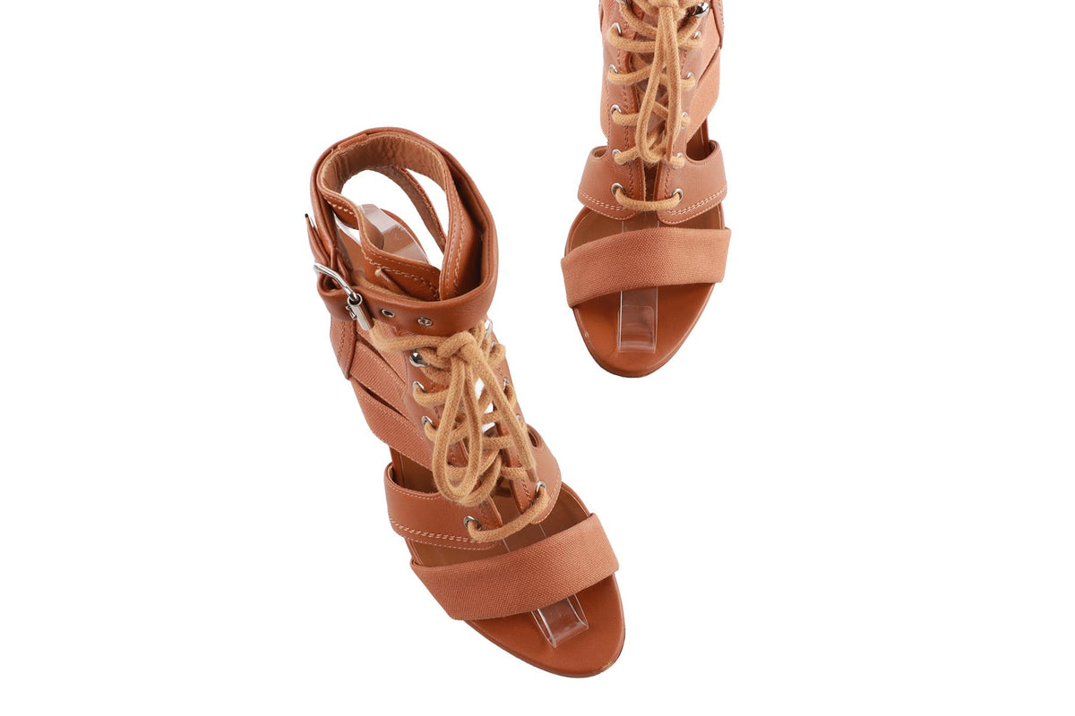 BROWN CANVAS AND LEATHER SANDALS