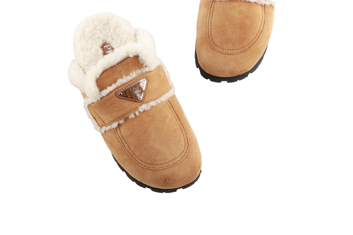 PRADA TAN SHEARLING AND SUEDE MULES EU 38 UK 5 US 8