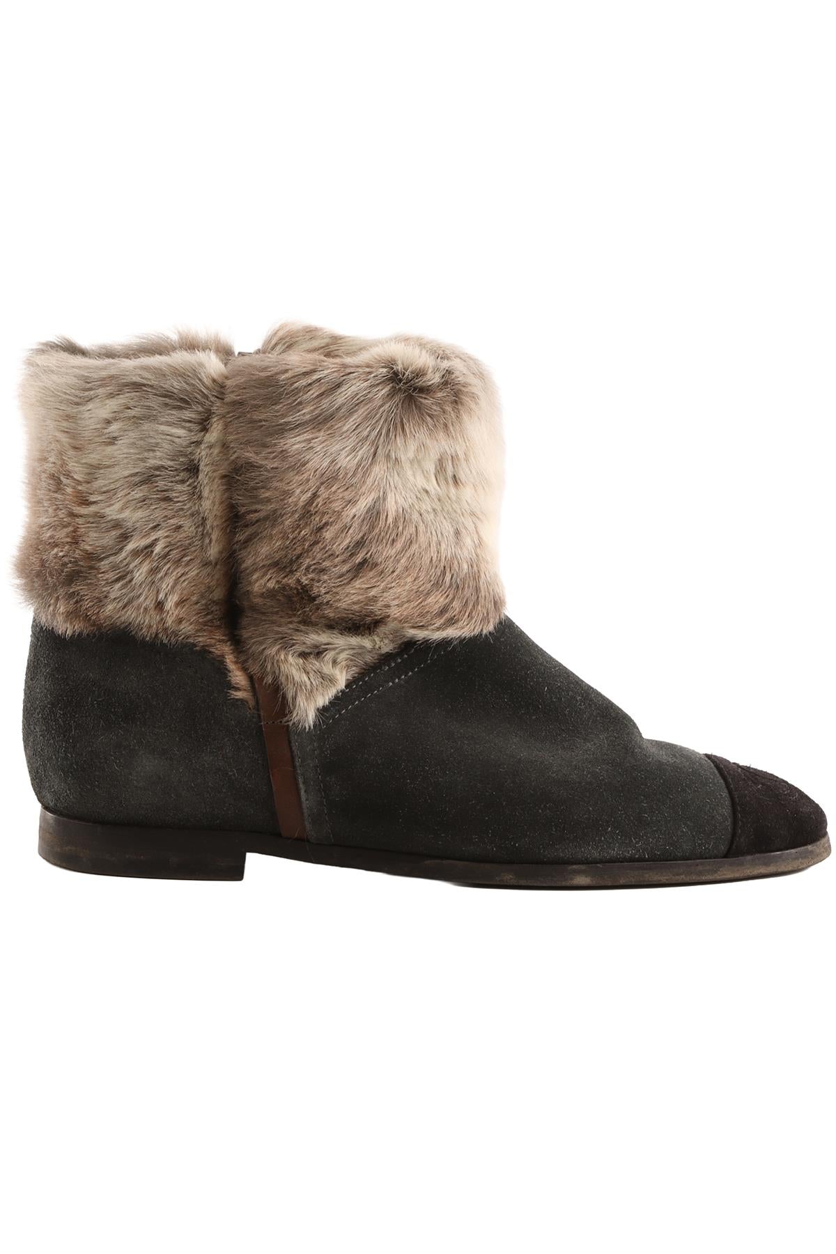 CHANEL GREY 2016 FUR AND SUEDE ANKLE BOOTS EU 38 UK 5