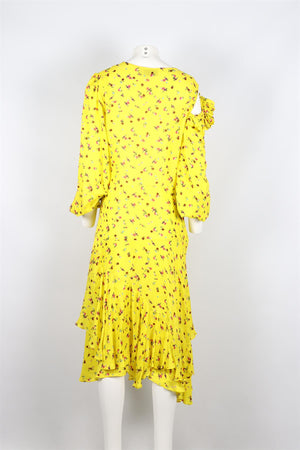 PREEN BY THORNTON BREGAZZI YELLOW FLORAL PRINT SATIN MIDI DRESS MEDIUM