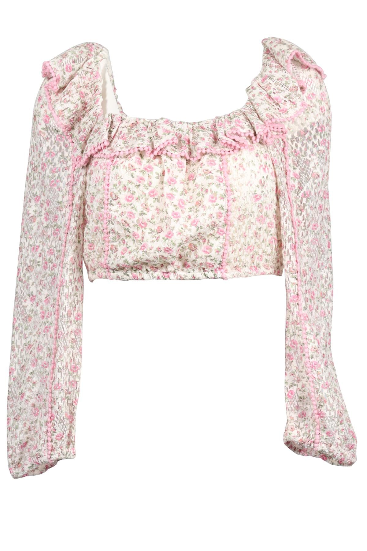 LOVESHACKFANCY PINK CROPPED COTTON BLEND TOP SMALL