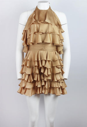 BALMAIN TIERED RUFFLED SILK HALTERNECK MINI DRESS FR 36 UK 8