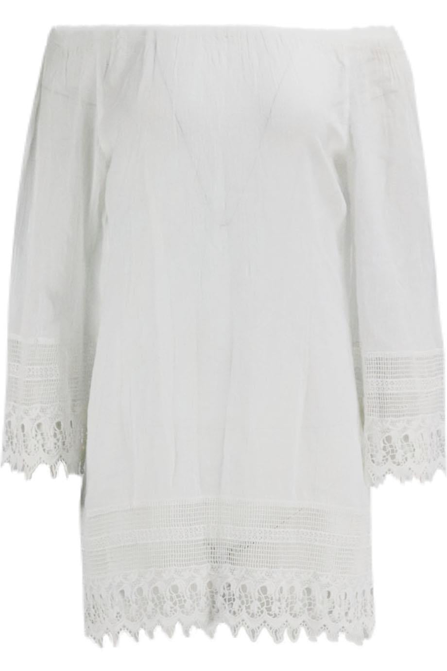 MIGUELINA OFF THE SHOULDER CROCHET TRIMMED VOILE MINI DRESS XSMALL