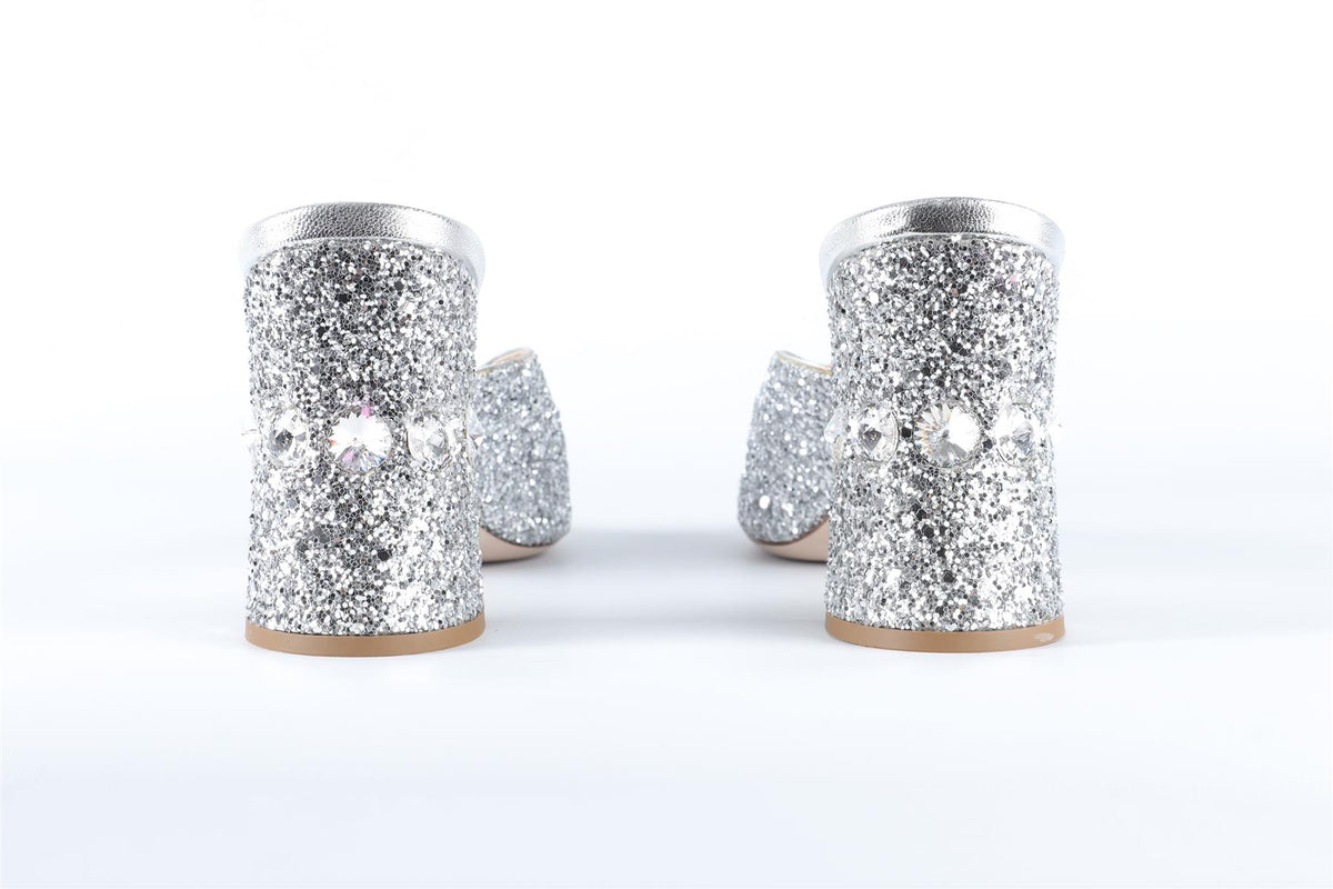 MIU MIU SILVER GLITTER MULES