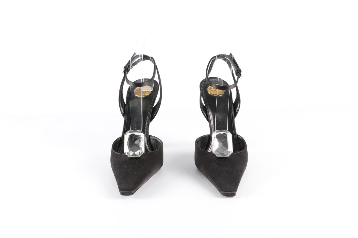SAINT LAURENT BLACK HARLOW CRYSTAL AND SATIN PUMPS EU 39 UK 6 US 9