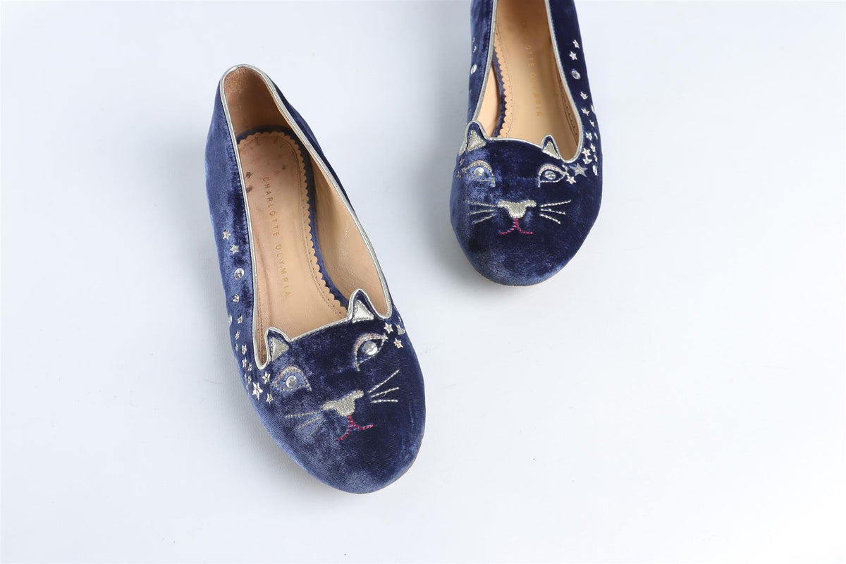 CHARLOTTE OLYMPIA BLUE VELVET BALLET FLATS EU 37.5 UK 4.5 US 7.5