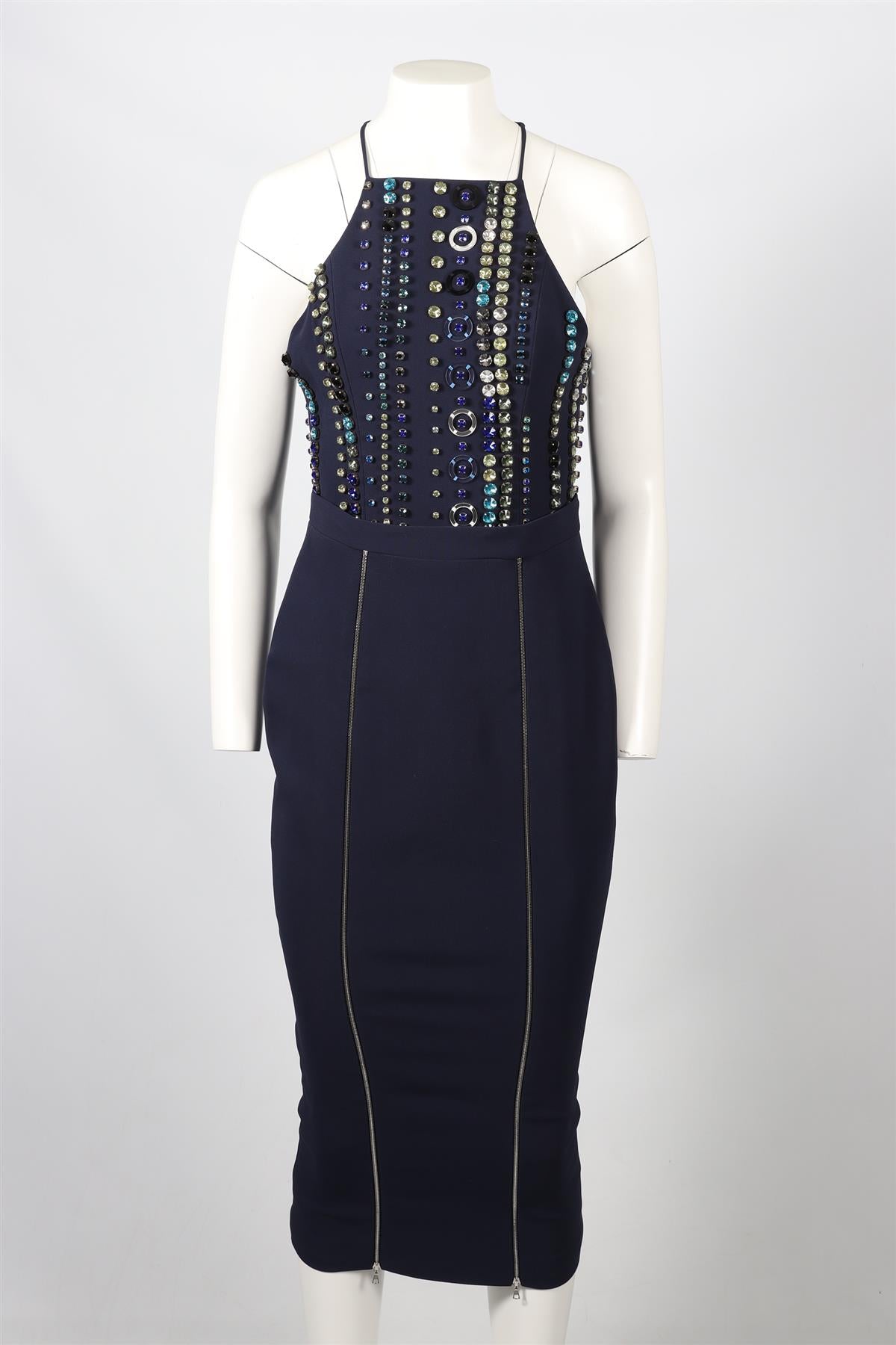 DAVID KOMA NAVY CRYSTAL AND CREPE MAXI DRESS UK 8