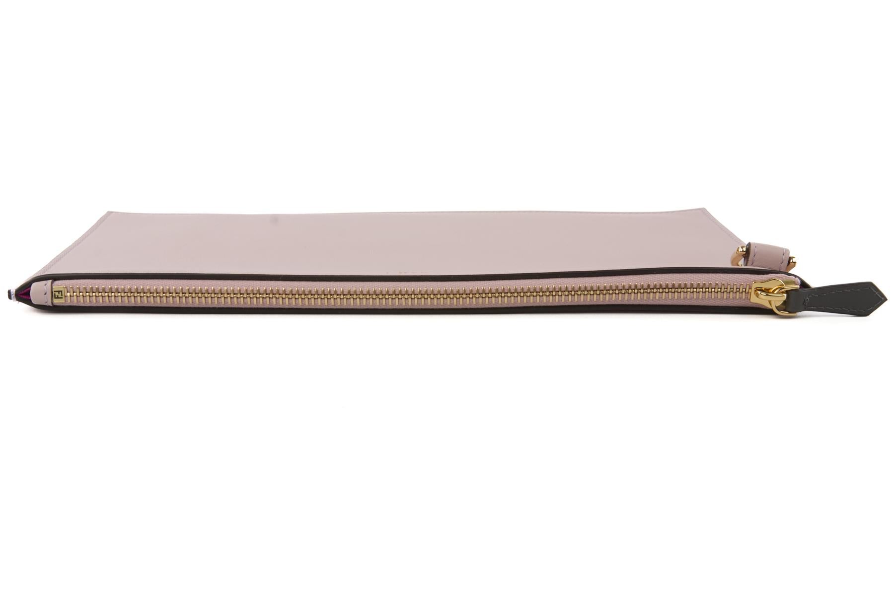 FENDI PINK 2025 FLAT POUCH MEDIUM LEATHER CLUTCH