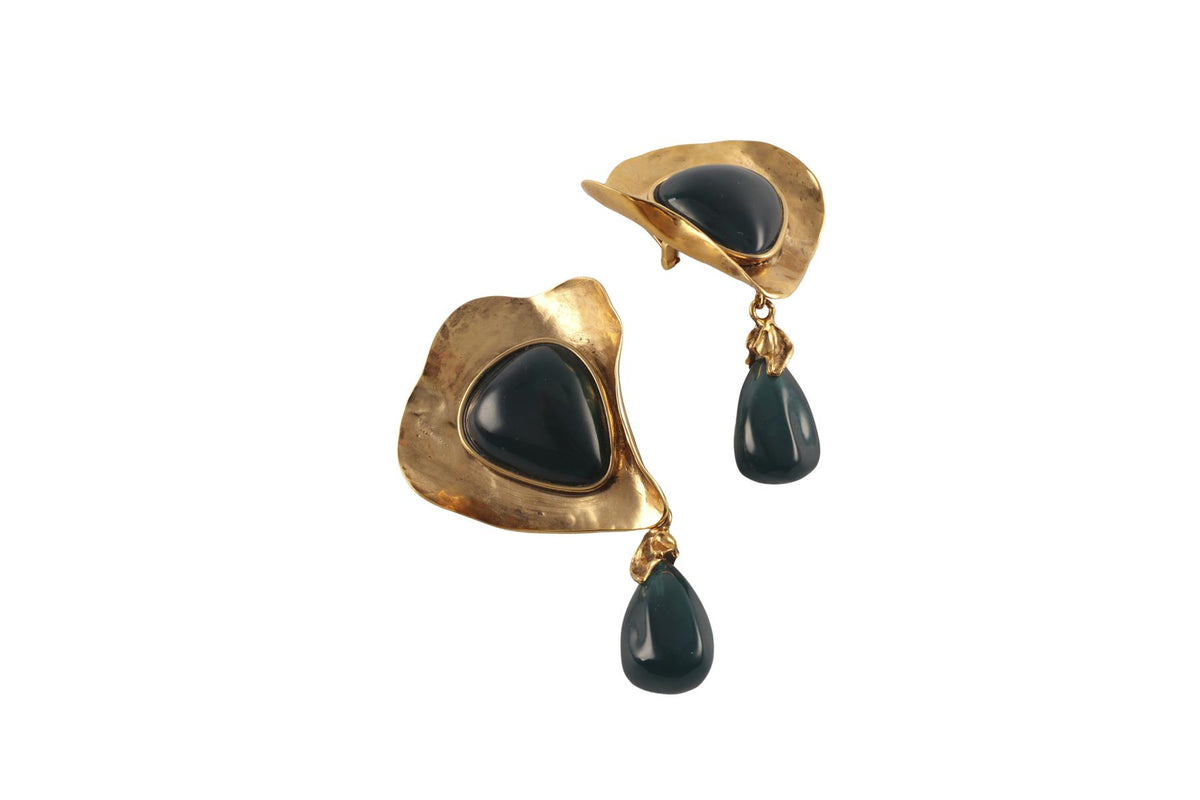 SAINT LAURENT GREEN GOLD TONE CLIP ON EARRINGS
