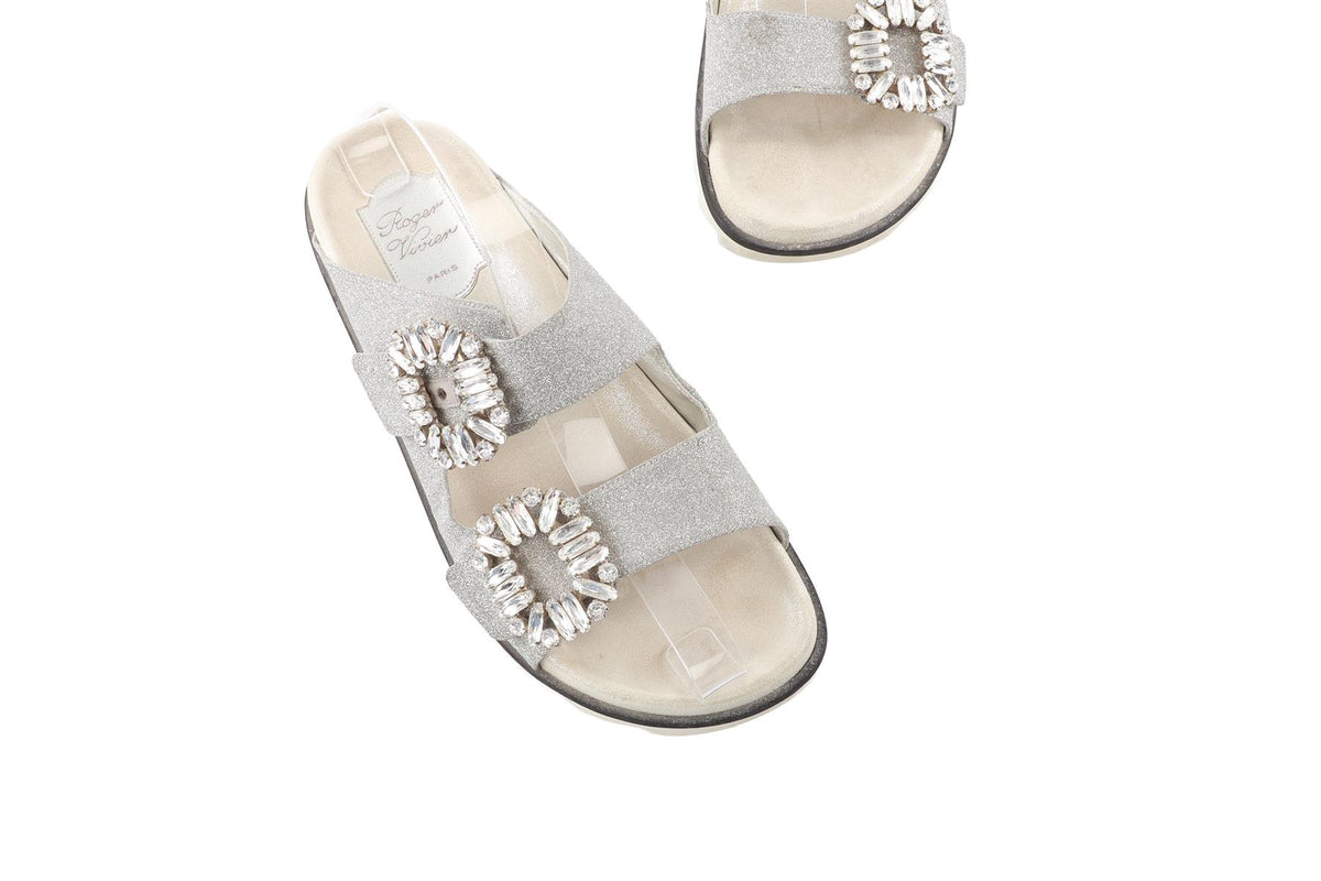 SILVER CRYSTAL AND LEATHER SANDALS