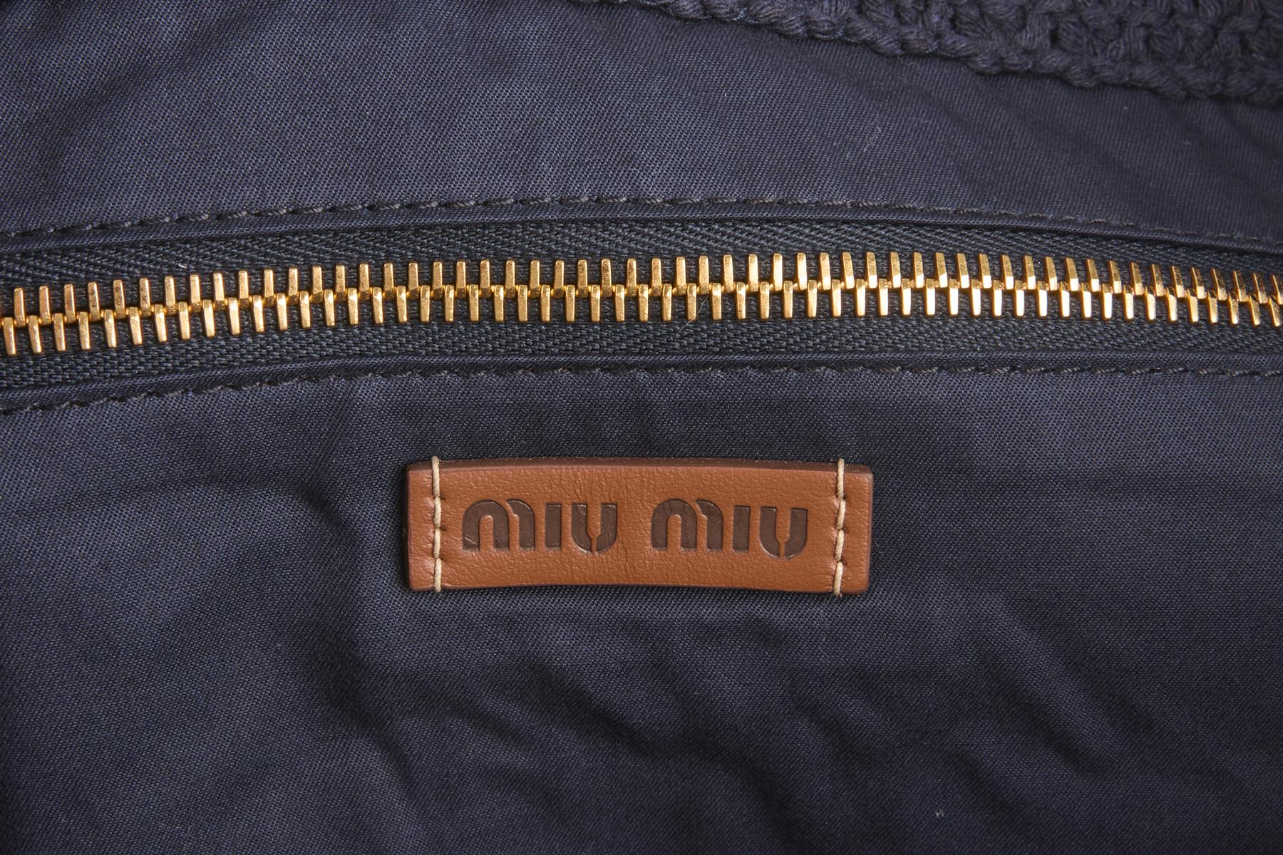 MIU MIU NAVY LOGO CROCHET TOTE BAG