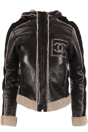 CHANEL BLACK 2008 SHEARLING JACKET FR 36 UK 8