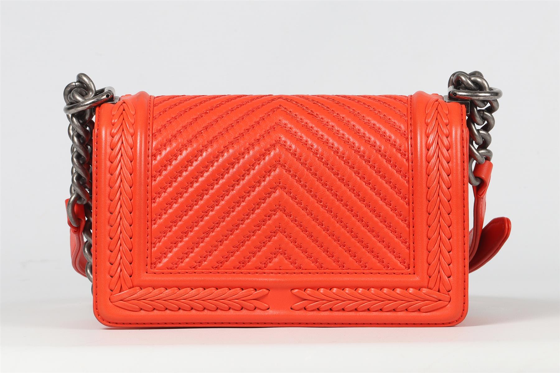 CHANEL ORANGE 2017 BOY SMALL CHEVRON LEATHER SHOULDER BAG