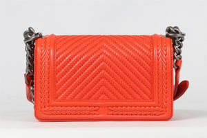 CHANEL ORANGE 2017 BOY SMALL CHEVRON LEATHER SHOULDER BAG