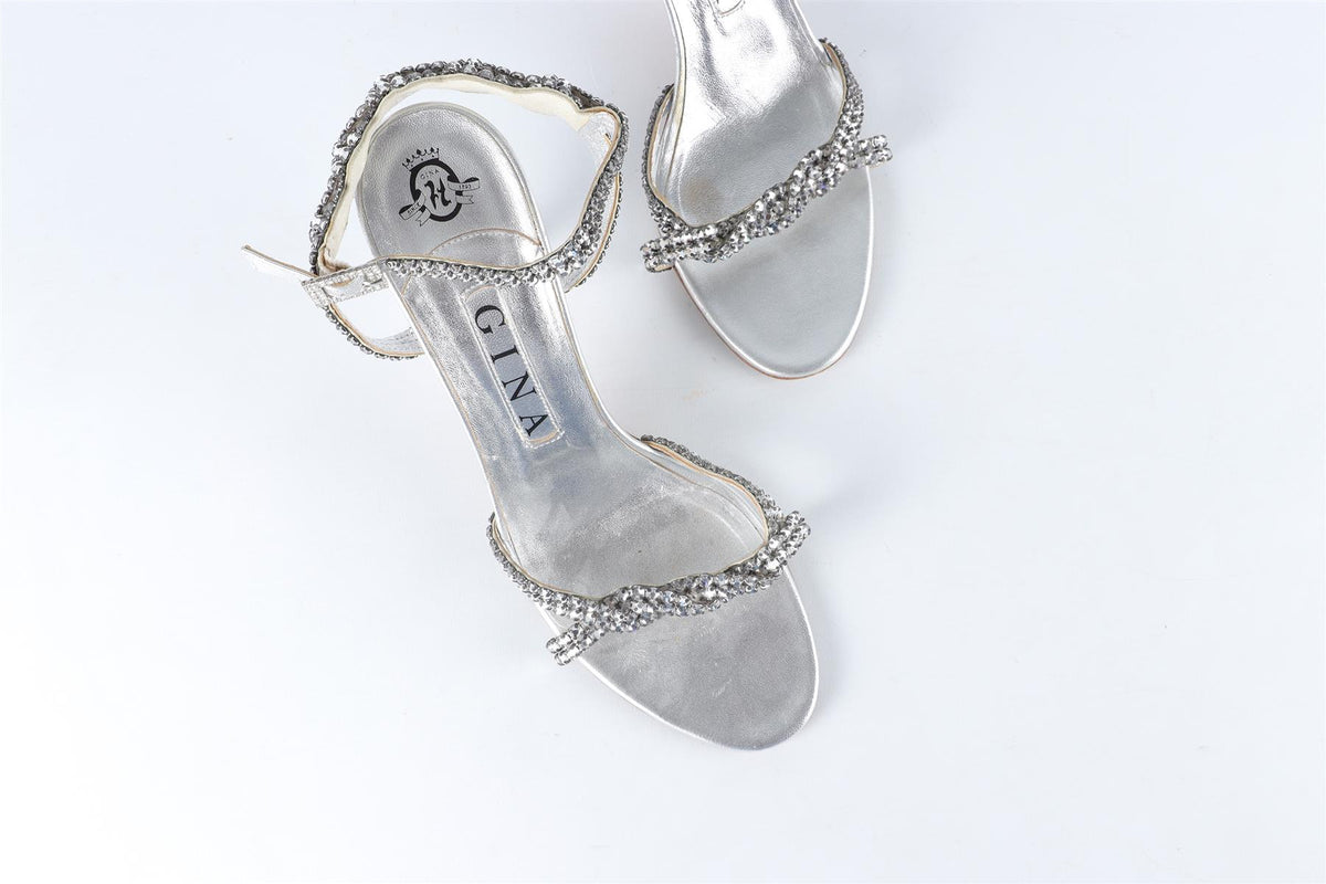 GINA SILVER CRYSTAL AND LEATHER SANDALS EU 38.5 UK 5.5 US 8.5