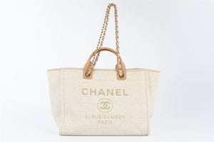 CHANEL BEIGE 2018 DEAUVILLE MEDIUM FABRIC TOTE BAG