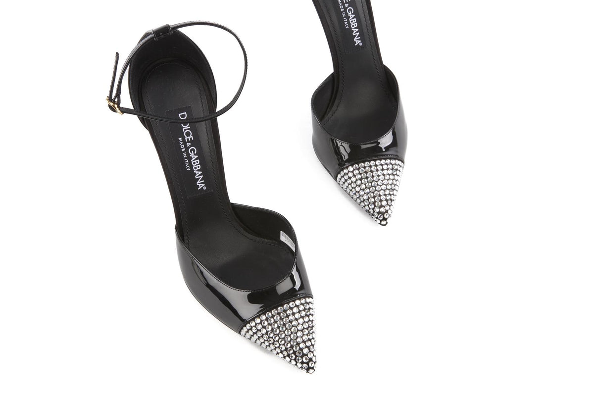 DOLCE & GABBANA BLACK CRYSTAL AND PATENT LEATHER PUMPS EU 39 UK 6 US 9