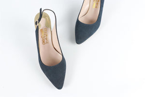 SALVATORE FERRAGAMO BLUE CANVAS SLINGBACK PUMPS