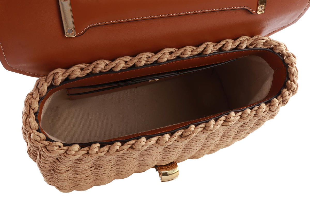 SALVATORE FERRAGAMO TAN MARGOT WICKER TOTE BAG