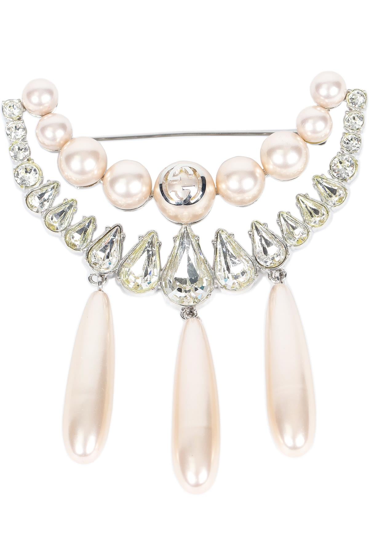 GUCCI SILVER GG CRYSTAL AND FAUX PEARL BROOCH