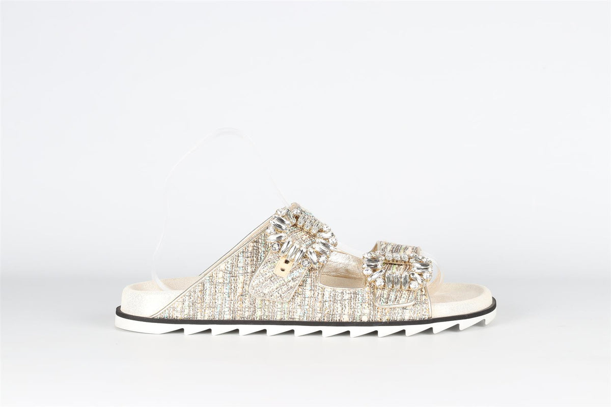 ROGER VIVIER GOLD CRYSTAL AND TWEED SANDALS EU 40 UK 7 US 10