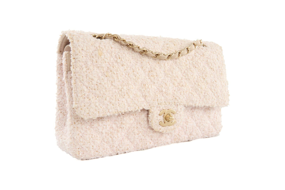 CHANEL PINK 2003-2004 CLASSIC DOUBLE FLAP MEDIUM TWEED SHOULDER BAG