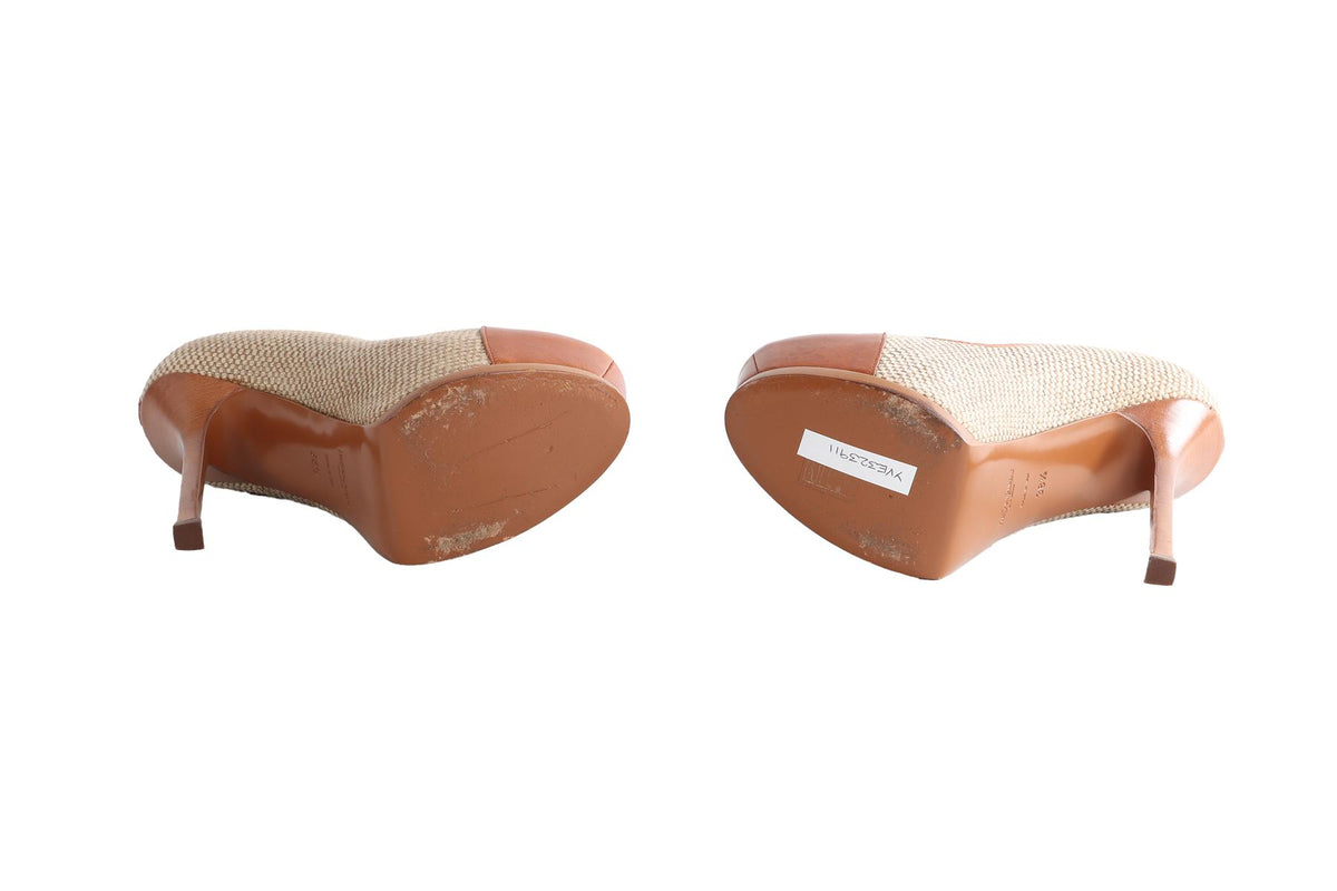 YVES SAINT LAURENT TAN CANVAS PLATFORM PUMPS EU 38.5 UK 5.5 US 8.5