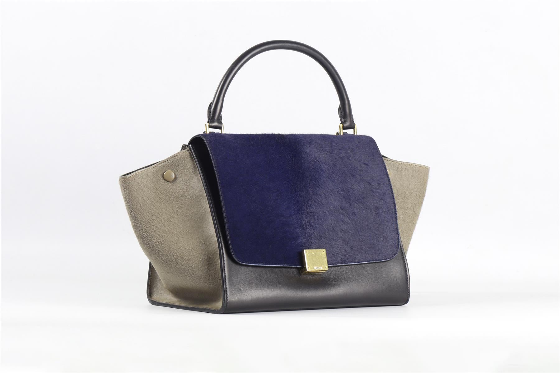 CELINE NAVY TRAPEZE MEDIUM CALF HAIR AND LEATHER TOTE BAG