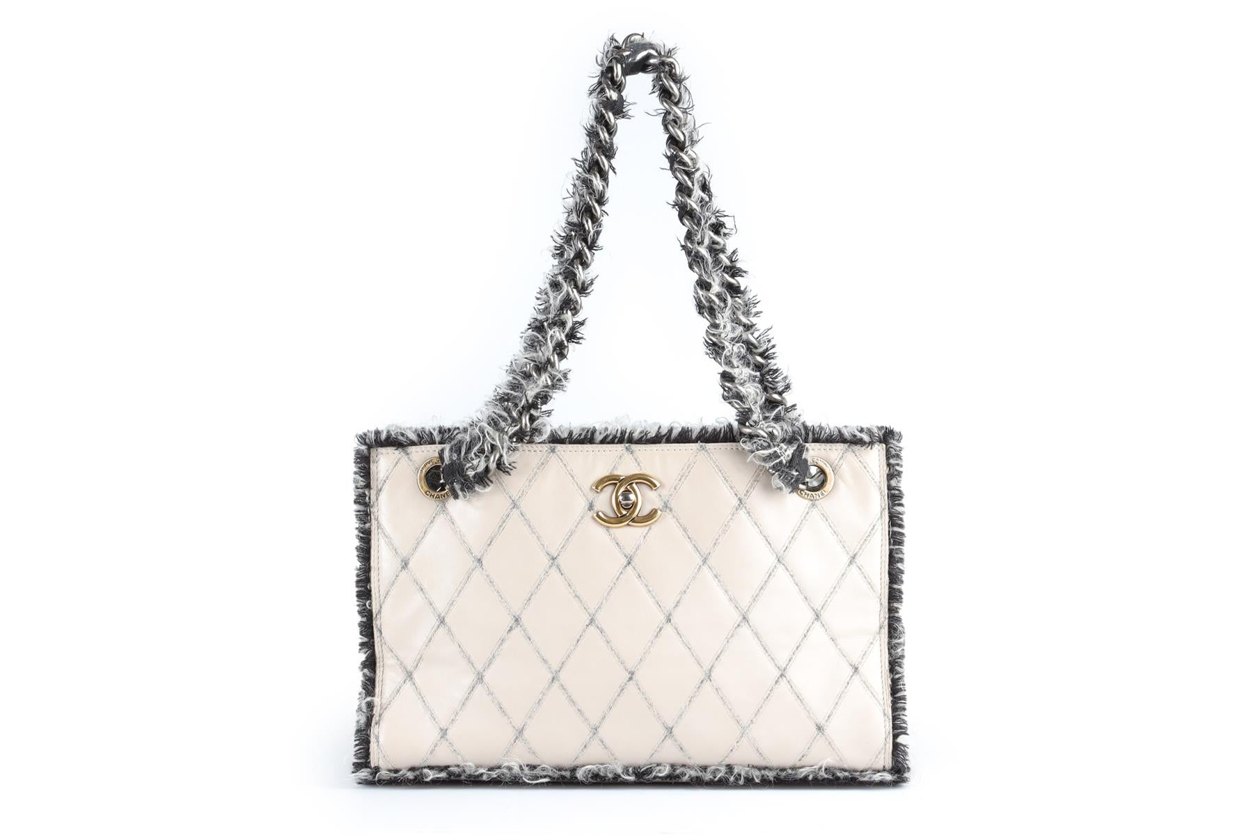 CHANEL TAUPE 2011 LEATHER AND TWEED TOTE BAG