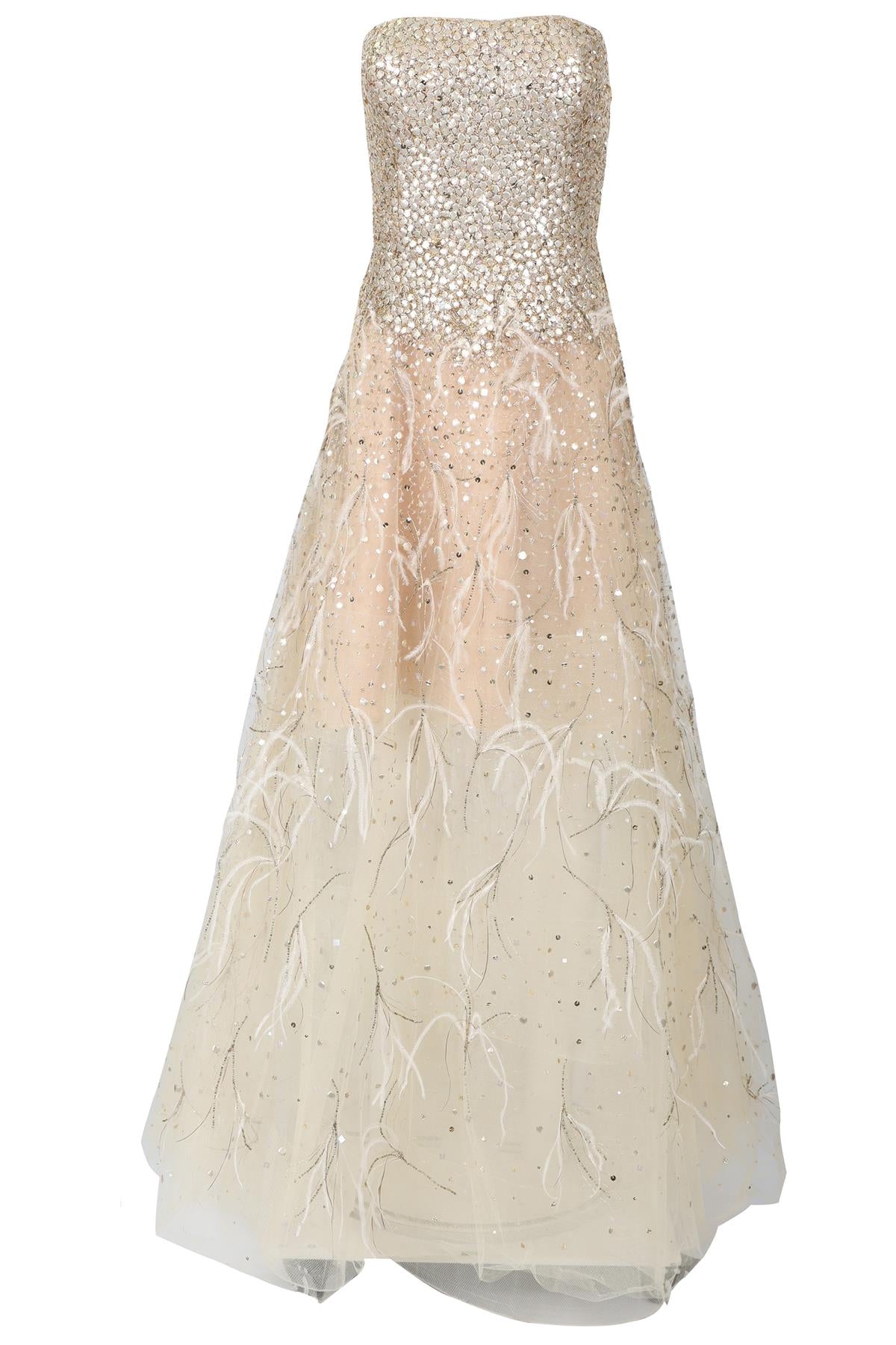 OSCAR DE LA RENTA GOLD 2015 SEQUIN AND TULLE GOWN US 10 UK 14