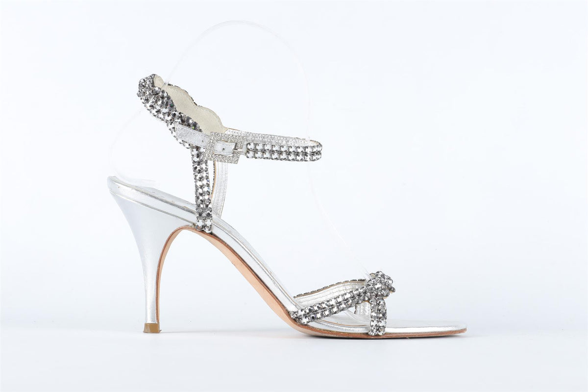 GINA SILVER CRYSTAL AND LEATHER SANDALS EU 38.5 UK 5.5 US 8.5