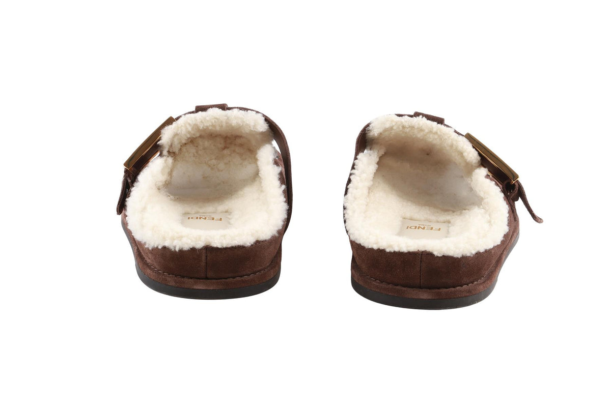 FENDI BROWN FEEL SHEARLING AND SUEDE MULES EU 38 UK 5 US 8